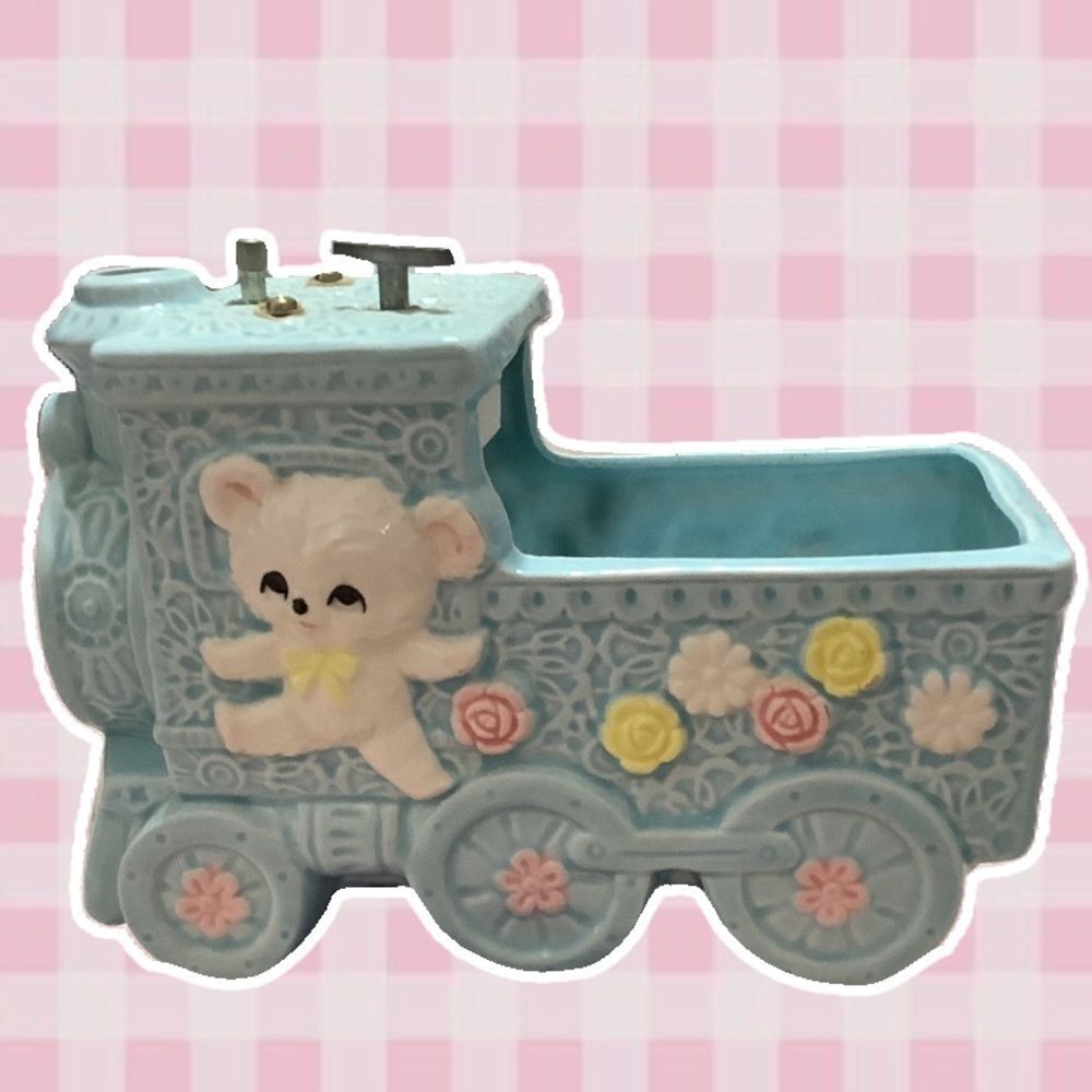 Pastel Blue Kidcore Kitsch Crybaby 1950s Retro Bear Train Music Box Planter